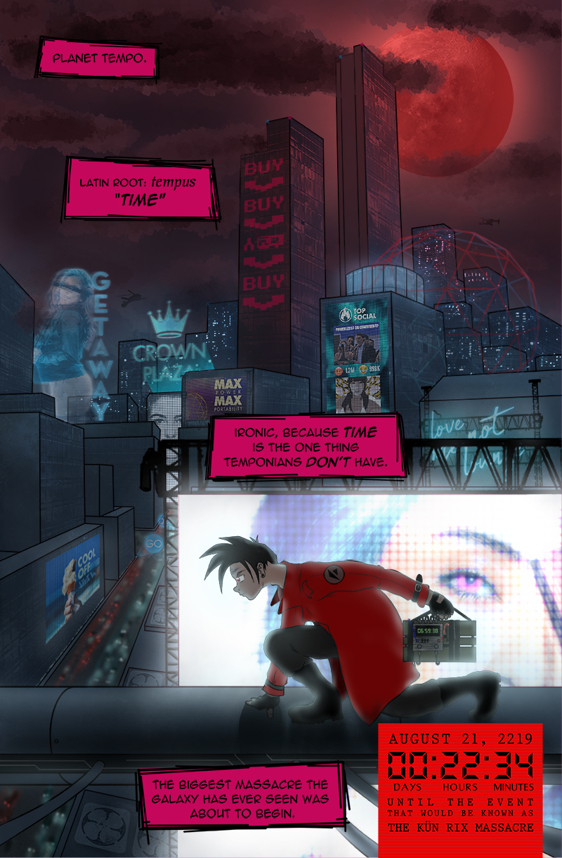 a radiant collapse chapter one page one preview: the terrorist known as Mr. B crouches atop a building holding a dirty bomb in the midst of a sprawling futuristic cityscape