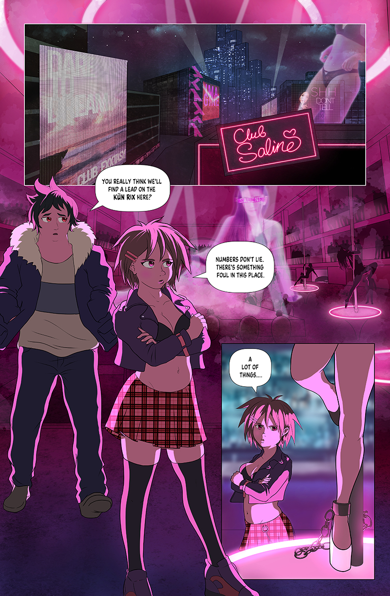 a radiant collapse chapter one page two preview: roz doubleclock and ken bright enter a shady nightclub featuring holograms and exotic dancers as they search for the Kün Rix terrorist group